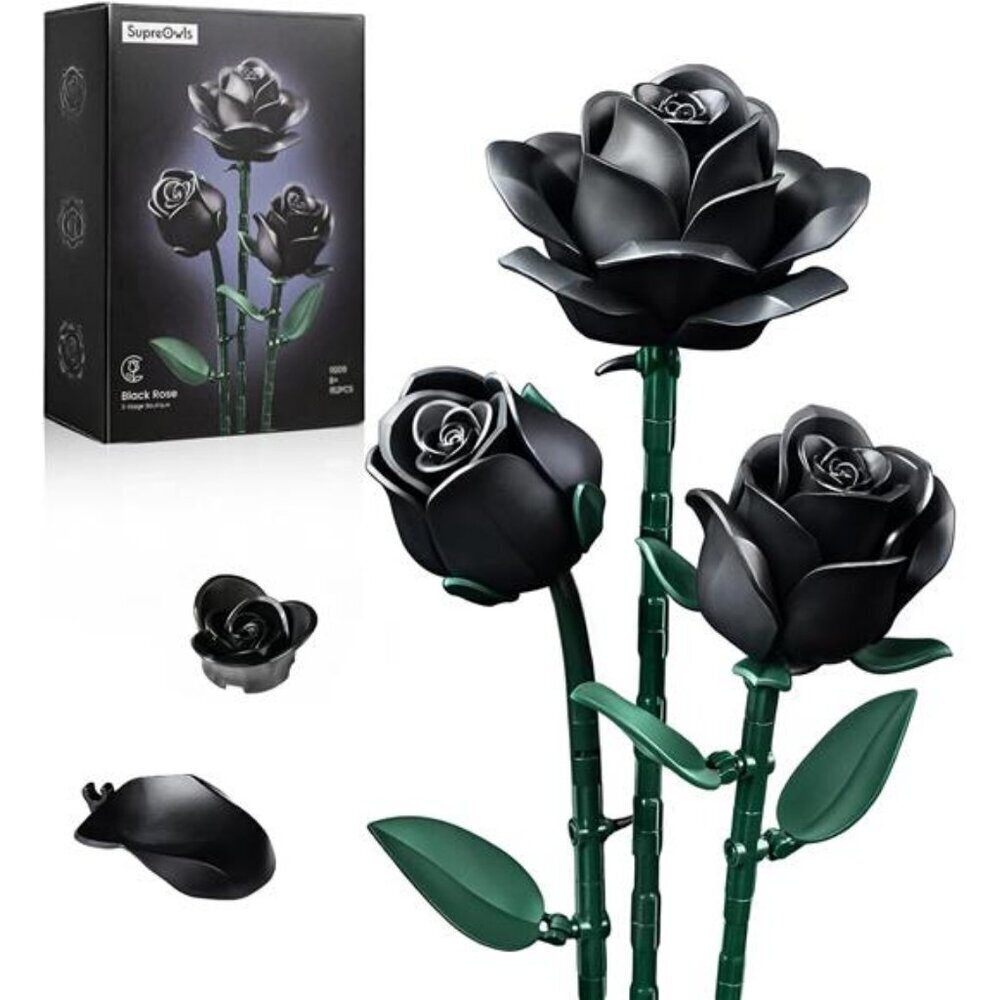 Black Roses Flower Building Set - 3Pack, Compatible with Bouquet for Adults